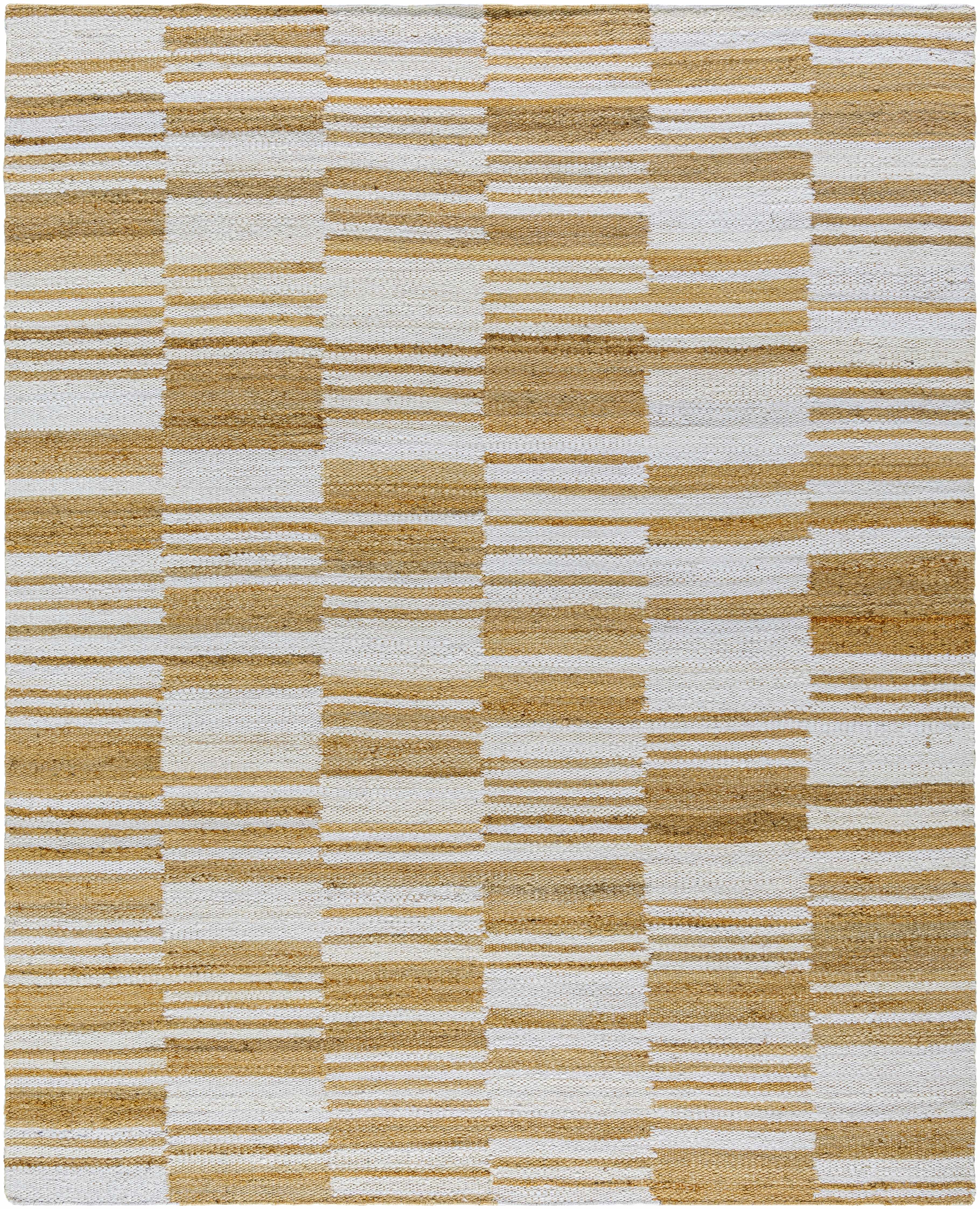 Natural jute flatweave rug in ivory and tan stripe pattern.